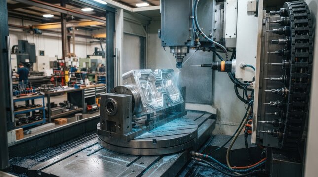 Five axis machining setup with rotary table, probe, tool magazine, heavy fixture, machined metal block, and coolant residue in a precision manufacturing bay.