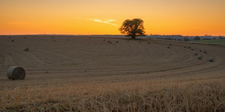 Rolling agricultural field with hay bales and a single tree under a warm golden hour sunset sky in the countryside