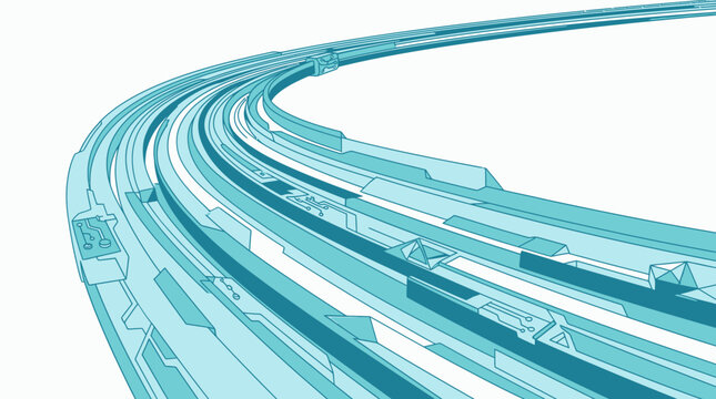Representaci&oacute;n abstracta de l&iacute;neas curvas y estructuras geom&eacute;tricas interconectadas en tonos azul cian sobre un fondo blanco limpio, ideal para conceptos de conectividad y dise&ntilde;o moderno.