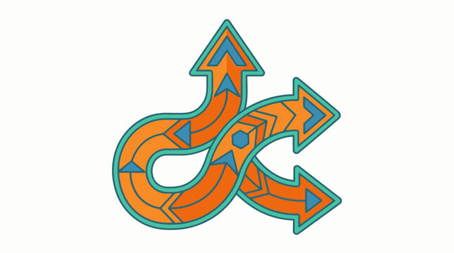 Ilustraci&oacute;n vectorial de flechas entrelazadas con dise&ntilde;o geom&eacute;trico naranja y azul sobre un fondo blanco, simbolizando direcci&oacute;n, flujo, opciones y toma de decisiones estrat&eacute;gicas.