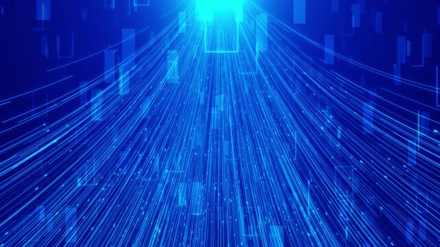 Bright blue network beam visual cyan light streams, digital particles, and fast fiber optic movement. data center clips, upload scenes, technology promos, cloud intros, and animated overlays.