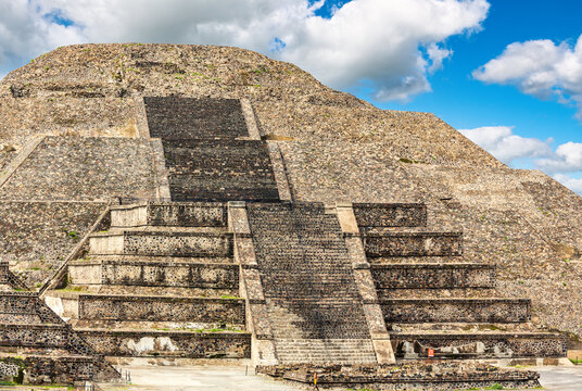 Ancient stone steps rise up the Pyramid of the Moon in Teotihuacan, one of Mexico most iconic pre-Hispanic ceremonial monuments and a UNESCO World Heritage archaeological site