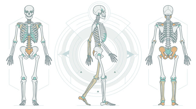 Ilustraci&oacute;n m&eacute;dica detallada del esqueleto humano mostrando vistas frontal, lateral y posterior con un dise&ntilde;o t&eacute;cnico y limpio para prop&oacute;sitos educativos y de anatom&iacute;a cient&iacute;fica.