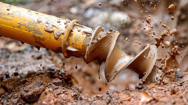 Close up of a robust industrial auger drill bit digging into wet muddy soil at a construction site