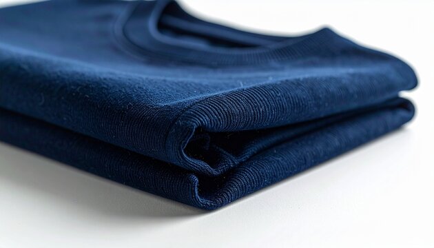 Folded navy blue t-shirt close-up on white background