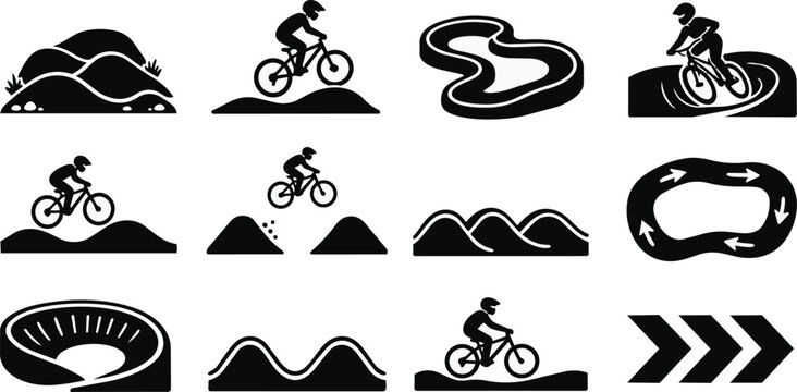 Mountain Biking BMX Dirt Jumps Trail Track Icons Collection