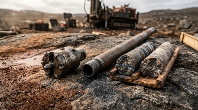 Drill head, ore core samples, and steel casing on weathered rock with red sediment and graphite dust for critical minerals exploration