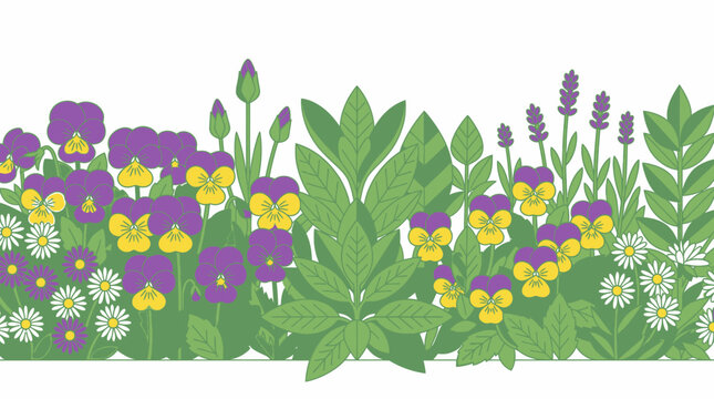 Ilustraci&oacute;n vectorial de un borde de jard&iacute;n con flores de pensamiento moradas, margaritas blancas, lavanda y plantas de menta verde sobre un fondo blanco limpio