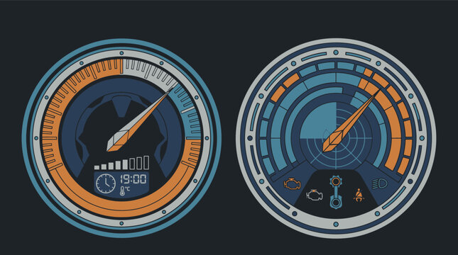 Set di indicatori circolari digitali in stile futuristico con interfaccia utente grafica per cruscotti di veicoli, cockpit di astronavi o applicazioni di monitoraggio dati.