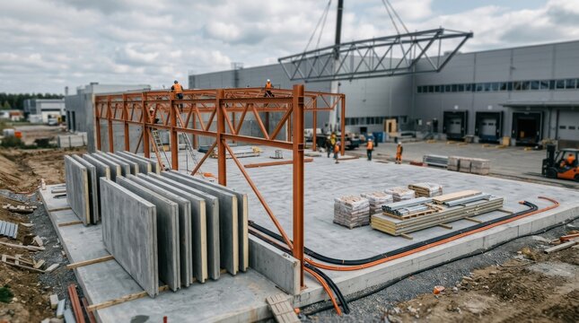 Manufacturing facility expansion with prefabricated wall panels, steel trusses, foundation slabs, conduits, and palletized materials