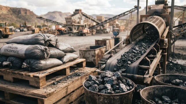 Tungsten ore supply setup with black ore, buckets, separation screens, conveyor belts, and sealed concentrate sacks on timber skids.