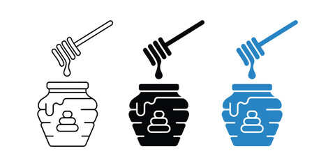 Honey jar icon with honey dipper, glass honey pot, outline and solid silhouette designs for organic food, beekeeping and natural sweet branding © LEECOO STUDIO