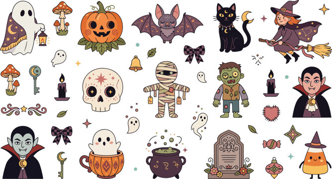 Set of cute halloween stickers featuring spooky characters like ghosts pumpkins bats witches vampires and mummies in a cartoon style