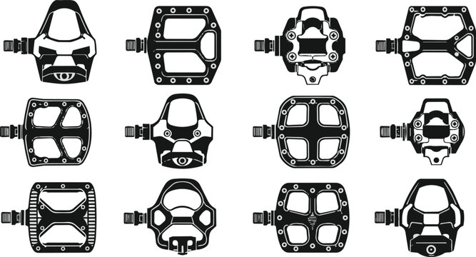 Various Black Bicycle Pedals Collection Vector Icons on White Background