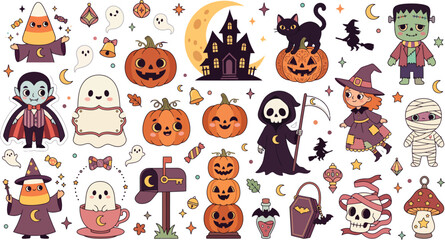 Fototapeta premium A collection of cute cartoon halloween characters including ghosts pumpkins witches frankenstein a haunted house and various spooky festive elements