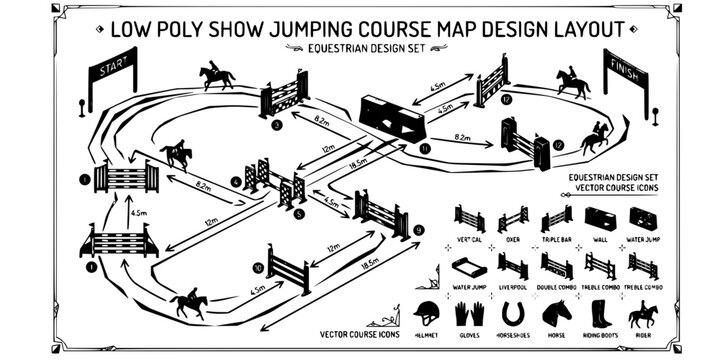 Show Jumping Course Map Low Poly Black White-Fence Element Distance Line Design-Layout Vector-Course Icon Low Poly-Equestrian Design Set