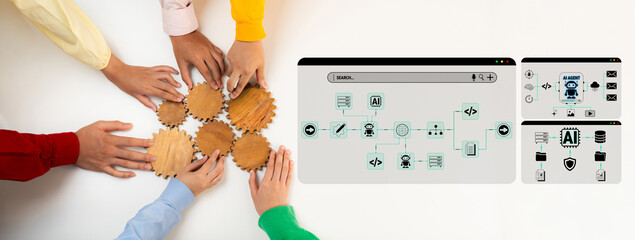 Obraz premium Collaborative Teamwork with Hands on Wooden Gears and Digital Interface Symbolizing Innovation and Technology Integration in Modern Workspaces Fluxor.