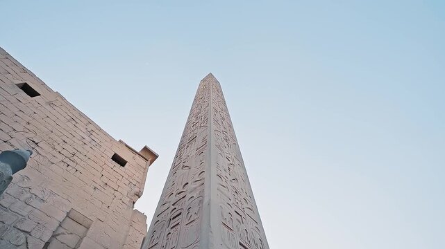4k footage of Obelisk at the Luxor Temple in Egypt. Look of carved hieroglyphs. Big stone ancient obelisk in Egypt