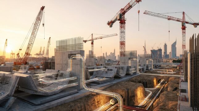 Tower cranes, precast concrete segments, sensor conduits, and utility trenches at a smart infrastructure construction site.