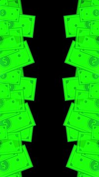 Green money border alpha background with falling cash illustrations, black center space, finance themed motion layout. business videos, payment promos, banking clips, earning intros, money overlays.