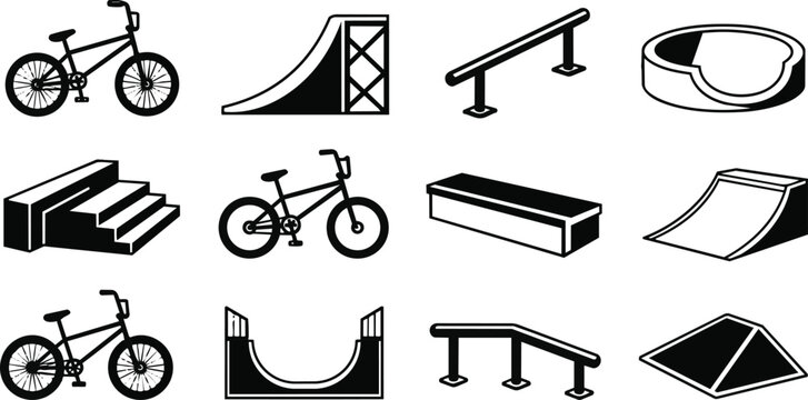 Vector graphic BMX bikes and skatepark elements, ramps, rails, steps icons