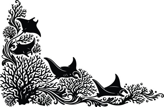 Manta rays swimming through decorative coral reef corner border vector