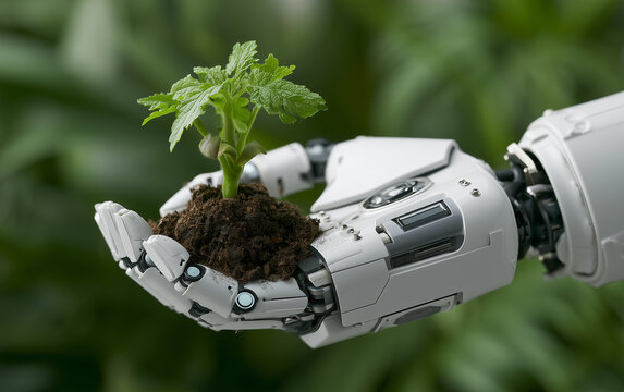Robotic Hand Gently Holding a Young Green Plant with Soil, Symbolizing Sustainable Technology and Future Growth
