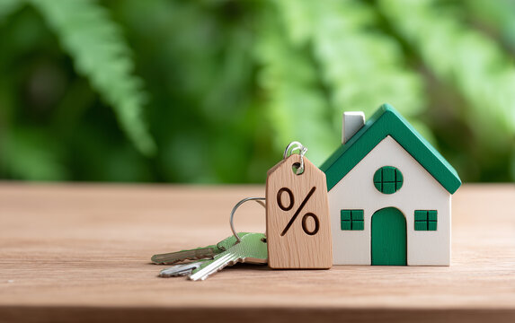 Miniature house with percentage tag symbol representing mortgage interest rates and real estate investment