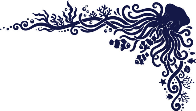 Swimming octopus and clownfish with coral reef corner frame vector