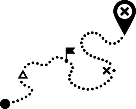 Dotted map route icon with location pin and flag markers, black dashed path vector, navigation journey and travel tracking concept