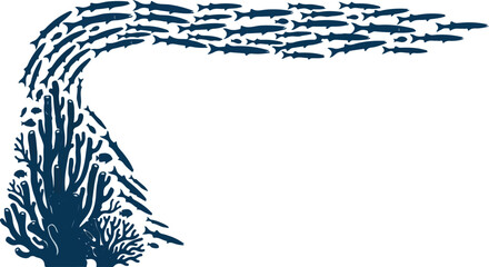 Fototapeta premium School of fish curving over coral reef ocean corner border