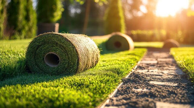 Rolled sod on a sunny lawn, ready for installation.
