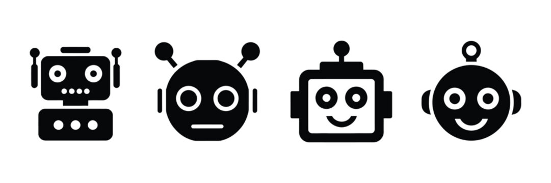 Robot icon with cute AI robot mascot, humanoid android character, outline, solid silhouette and modern technology design