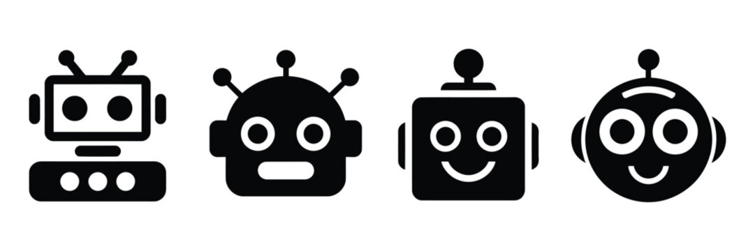 Robot icon with cute AI robot mascot, humanoid android character, outline, solid silhouette and modern technology design