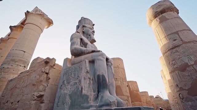 4k low angel footage of ramsses ii statue in luxor temple, Egypt. Pylon of Ramesses II On Ancient Egyptian Temple Complex In Luxor City, Egypt. Low Angle Shot. 