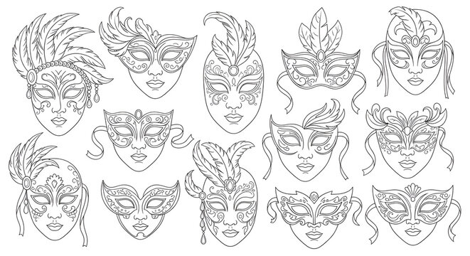 Elegant Masquerade and Carnival Masks Collection - Thin Line Vector Art Illustrations