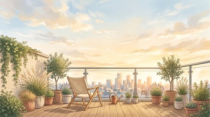 Fototapeta premium City Rooftop Terrace with Plants and Chair – Urban Oasis
