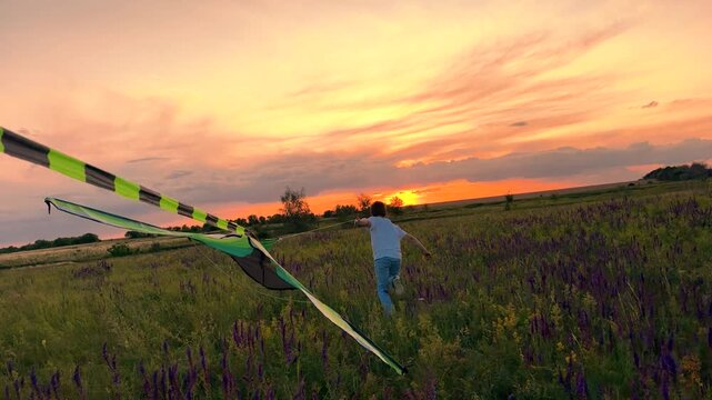 child boy running kite sunset, kid childhood dream happy family,silhouette outdoor play, Youngster flies a kite, Open rural landscape, Dreamy sunset background, Carefree moment in nature, Lush green