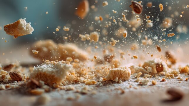Food crumbs are falling, A slice of bread is thrown upward