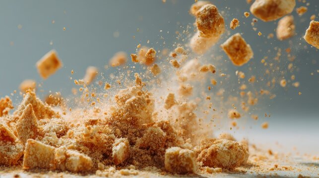 Food crumbs are falling, A slice of bread is thrown upward