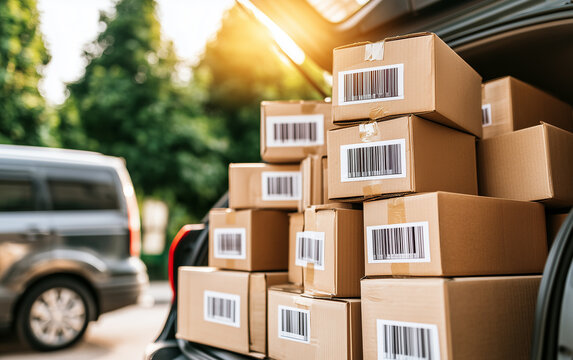 Stacked cardboard boxes being loaded into a vehicle for delivery or moving, outdoor setting