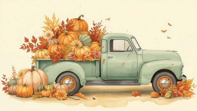 Vintage light green pickup truck loaded with fresh orange pumpkins and autumn foliage for thanksgiving decoration