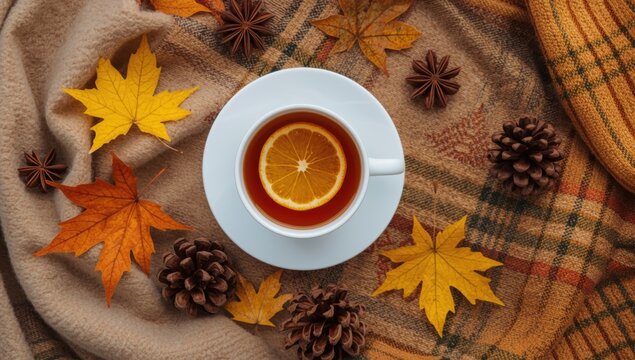 Warm autumn tea time with orange slice in white ceramic cup surrounded by fall leaves and pinecones on plaid cloth