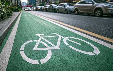 Obraz premium Vibrant green urban bicycle lane with a white painted bike symbol, alongside a busy street with blurred cars and greenery