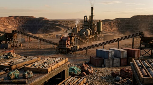 Mining consolidation concept with two open-pit mines merging into one processing plant, conveyors, drill cores, and metal containers