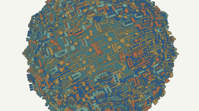 Abstrakcyjna kula złożona ze skomplikowanych geometrycznych wzor&oacute;w w odcieniach niebieskiego i pomarańczowego na jasnym tle, reprezentująca nowoczesną technologię i cyfrową złożoność.