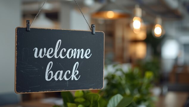 Welcome back sign hanging in a modern office interior with blurred background, and warm decorative, pendant lighting