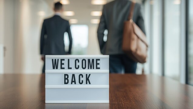 Welcome back sign on a wooden office desk with two business professionals walking in the blurred background corridor