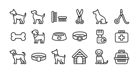 Fototapeta premium Dog Icon Set. A collection of simple, outline icons depicting various elements related to dogs and their care, including dog breeds, grooming tools, food bowls, collars, a dog house.