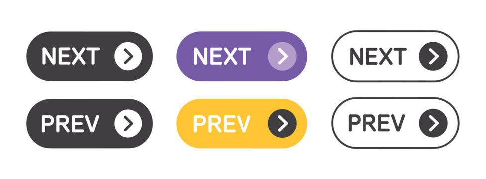 Next and Previous Buttons. A collection of buttons with the labels NEXT and PREV, styled in different colors and designs, signifying navigation choices.